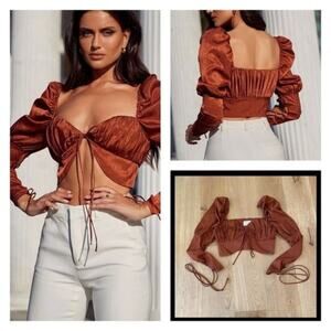 Alamour The Label Rafael Lace Up Sleeve Crop Top in Rust Size XS